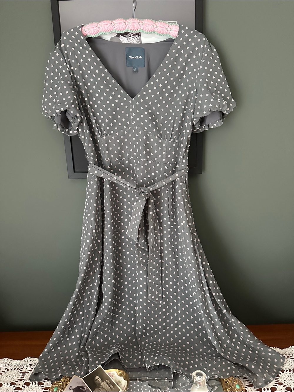 ModCloth Gray Polka Dot Midi Dress with Tie Waist